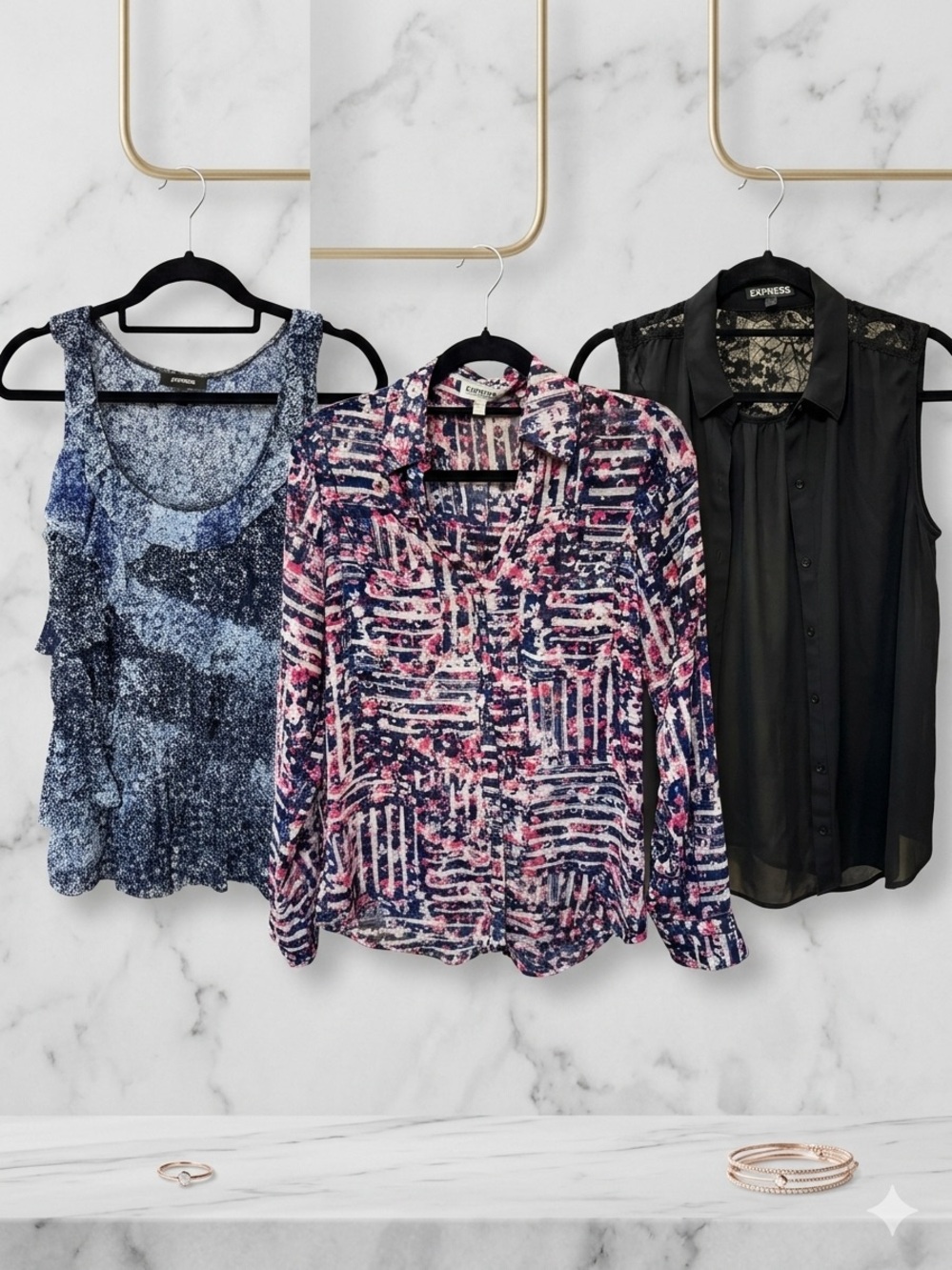 Express Top Bundle 3 Pack Size S & SP
Ruffle Lace Geometric Abstract Blouse
Lot